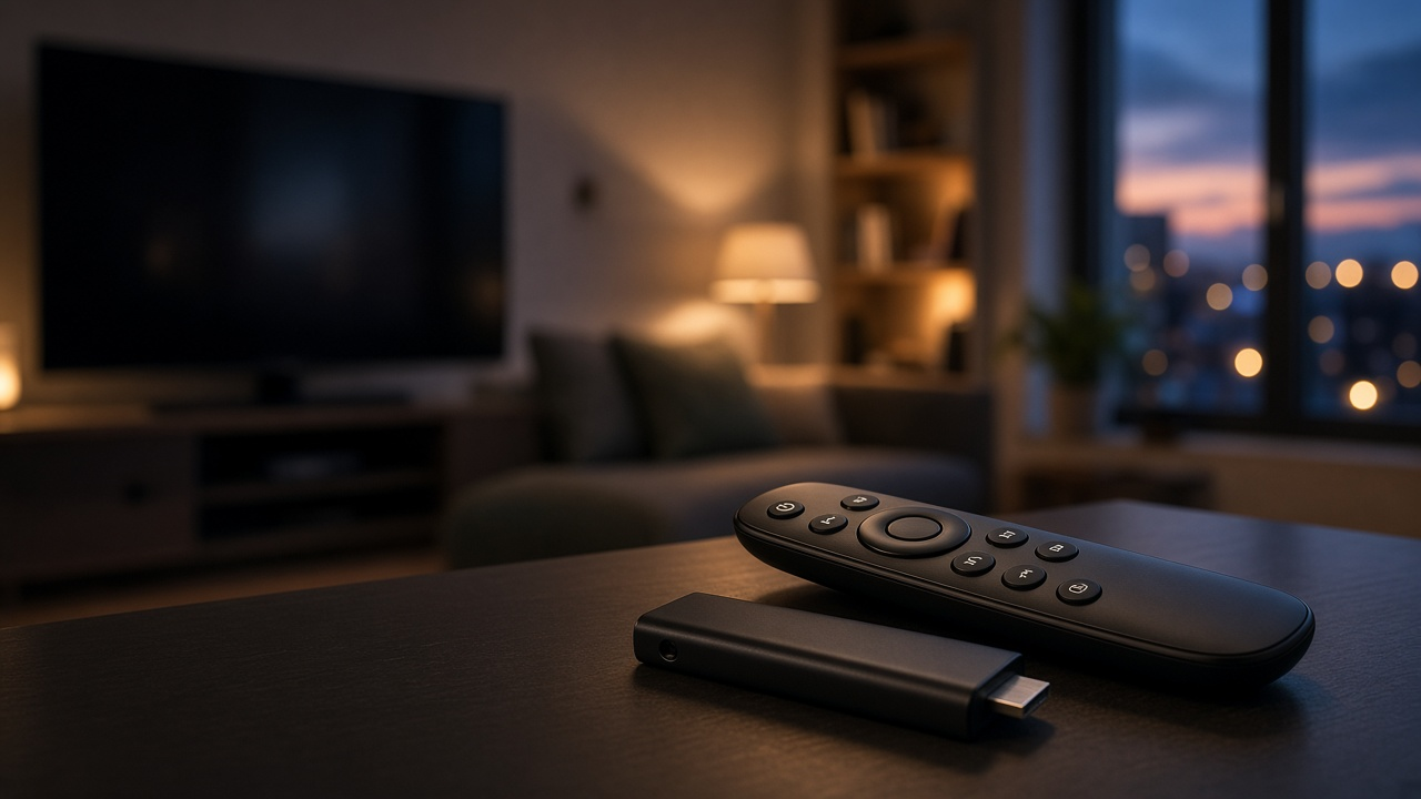 Living room TV glow with soft abstract content shapes, no logos