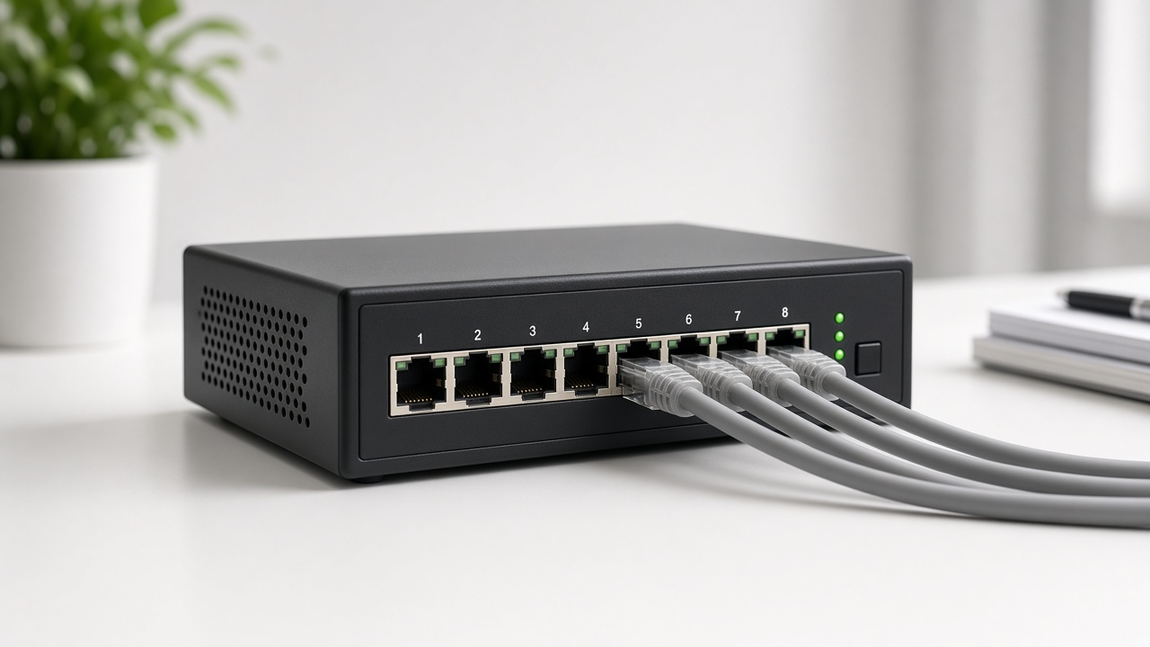Premium Wi-Fi router with antenna arcs on a modern desk